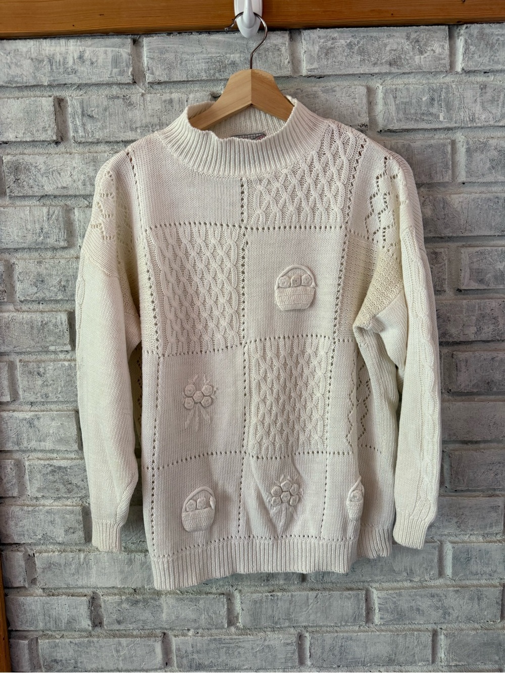 1980’s Cream Cable-Knit Sweater with Textured Panel Details